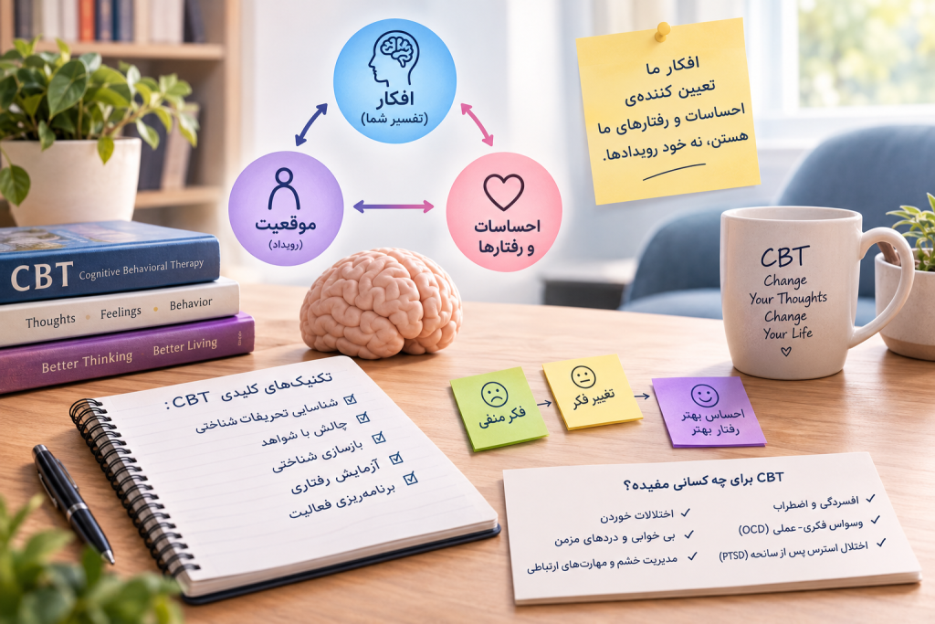 رویکرد شناختی رفتاری یا CBT یکی از رایج‌ترین و مؤثرترین روش‌های روان‌درمانی است که بر ارتباط میان افکار، احساسات و رفتارها تمرکز دارد.